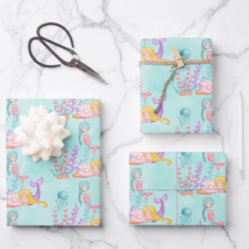  Mermaids  Jellyfish Under the Sea Watercolor Wrapping Paper Sheets