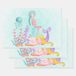 Mermaids & Jellyfish Under the Sea Watercolor Wrapping Paper Sheets