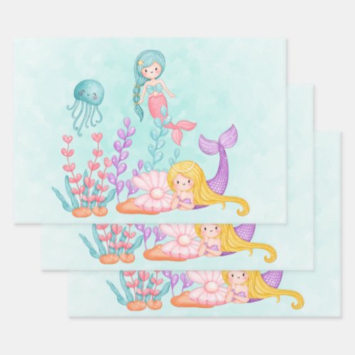  Mermaids  Jellyfish Under the Sea Watercolor Wrapping Paper Sheets