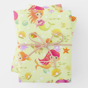 Mermaids Lemon Green Wrapping Paper Sheets