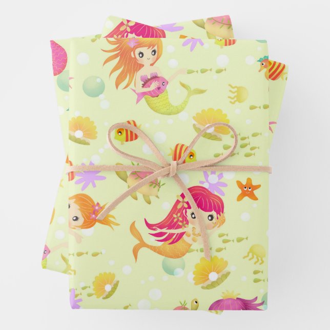 Mermaids Lemon Green Wrapping Paper Sheets (In situ)