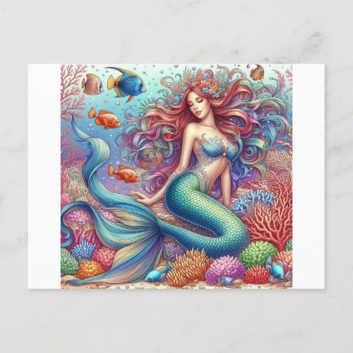 Mermaids lounging on a coral reef postcard