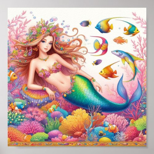 Mermaids lounging on a coral reef poster