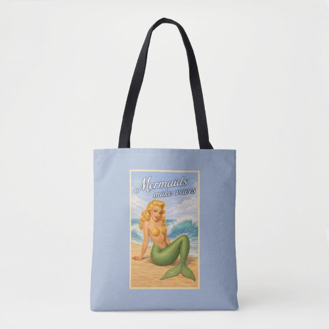 Mermaids Make Waves Retro Pin-Up Art Coastal Blue Tote Bag (Front)