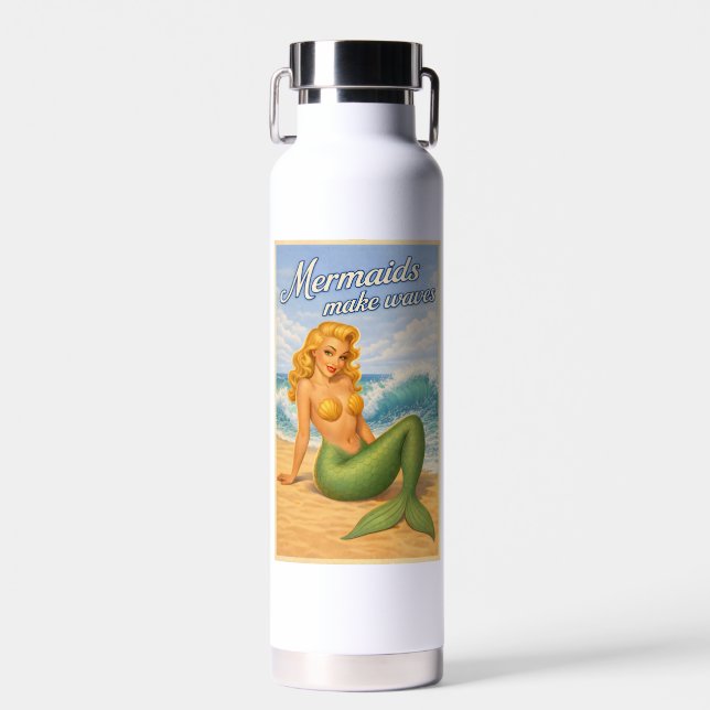 Mermaids Make Waves Retro Pin-Up | Coastal Beach Water Bottle (Front)