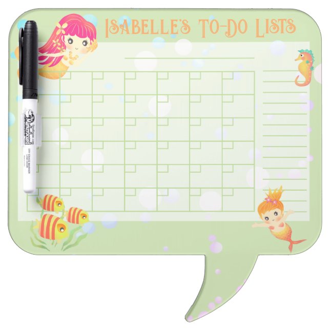 Mermaids  Monthly Schedule Green Dry Erase Board (Front)