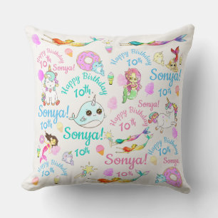 Mermaids, Narwhal, ice cream, donuts, cotton candy Throw Pillow