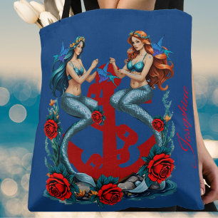 Mermaids Nautical Vintage Blue Tote Bag