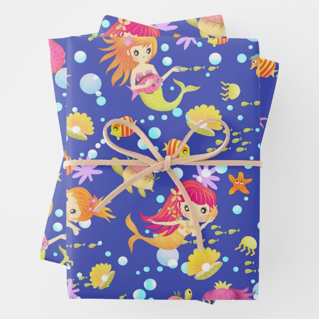 Mermaids Navy Blue Wrapping Paper Sheets (In situ)