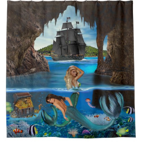 MERMAIDS OF THE PIRATE CAVE SHOWER CURTAIN