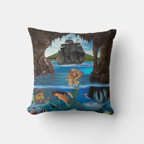 MERMAIDS OF THE PIRATE CAVE THROW PILLOW