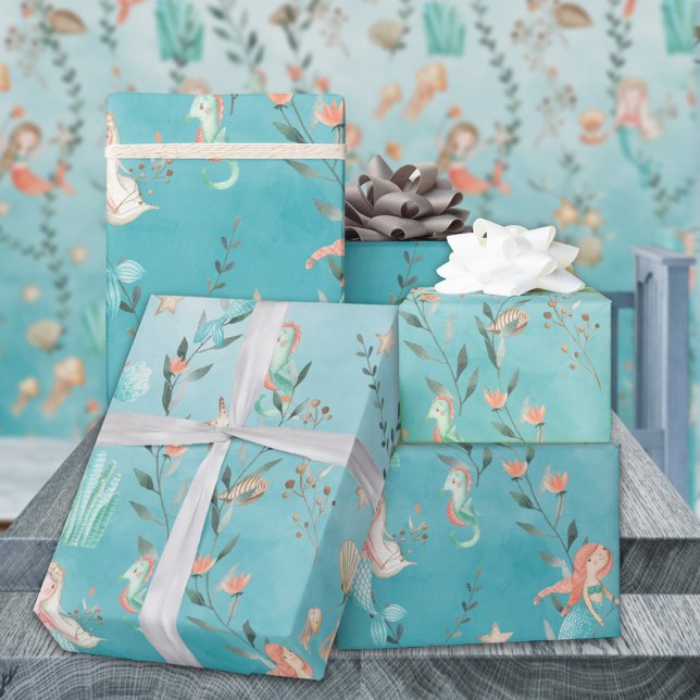 Mermaids Party Under The Caribbean Blue Sea Wrapping Paper (Mermaids Party Under The Caribbean Blue Sea Gift Wrapping Paper Rolls)