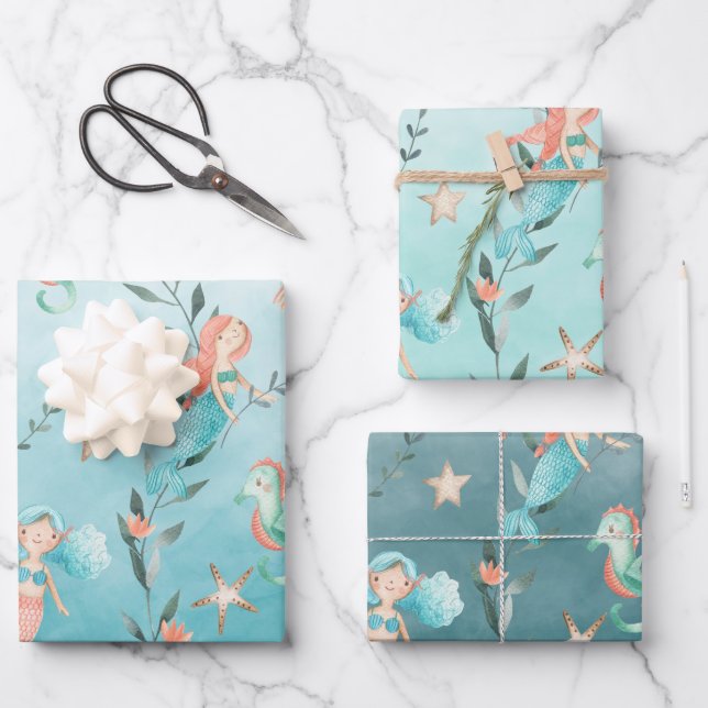 Mermaids Party Under The Caribbean Blue Sea Wrapping Paper Sheets (Front)