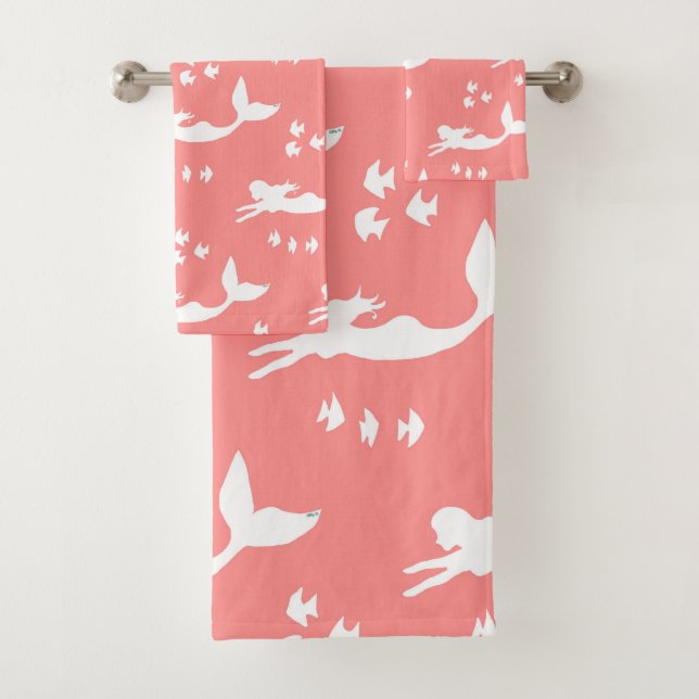 Mermaids Pattern Coral and White Towel Set (Insitu)