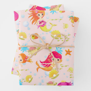 Mermaids Peach Pink Wrapping Paper Sheets