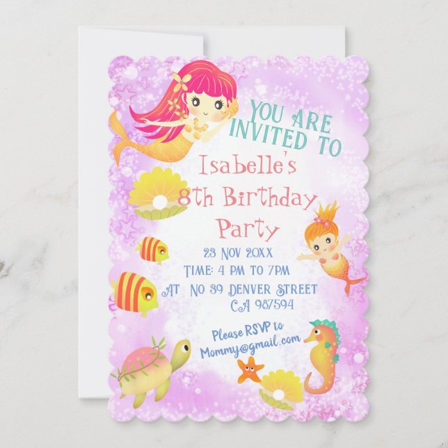 Mermaids Pink Invitation Card (Front)