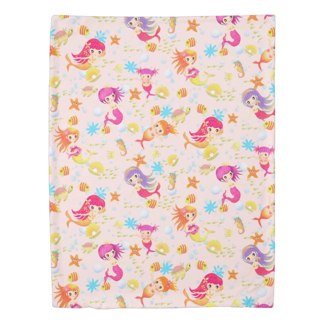 Mermaids Pink with Gingham Duvet Cover (Front)