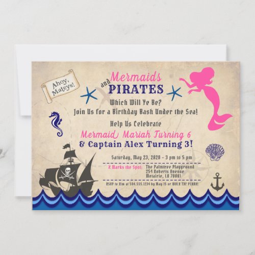 Mermaids  Pirates Invitation Siblings Invitation