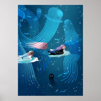 Mermaids racing in ocean kids' illustration poster