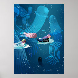Mermaids racing in ocean kids' illustration poster