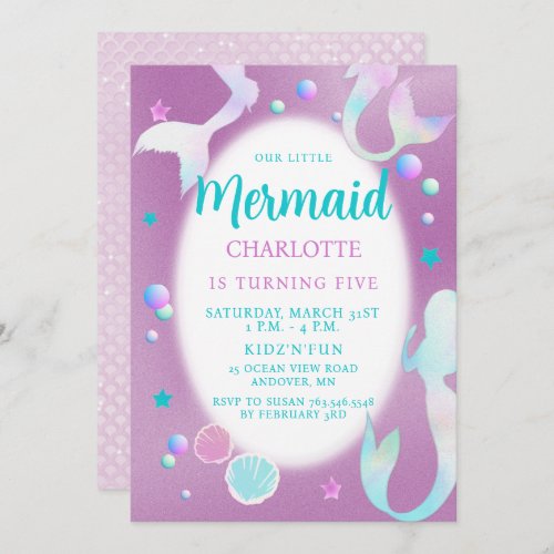 Mermaids Rainbow Iridescent Glitter Aqua Birthday Invitation