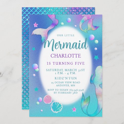 Mermaids Rainbow Iridescent Glitter Pink Aqua Cute Invitation