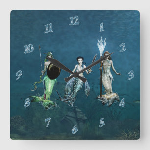 Mermaids Ready For Battle Square Wall Clock
