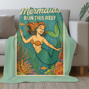Mermaids Run This Reef Retro Coral Fish Sea Life Fleece Blanket