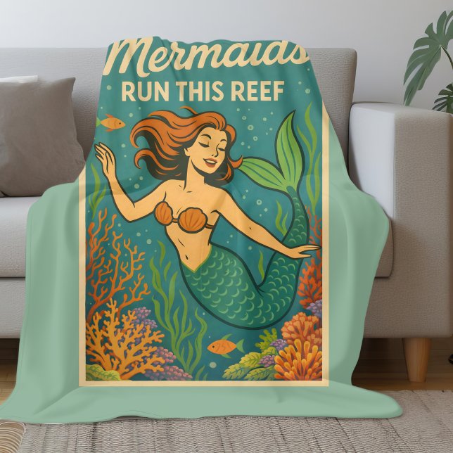 Mermaids Run This Reef | Retro Coral Fish Sea Life Fleece Blanket (Creator Uploaded)