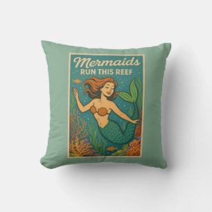 Mermaids Run This Reef Retro Coral Fish Sea Life Throw Pillow