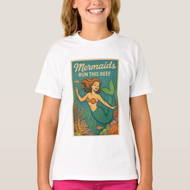 Mermaids Run This Reef Retro Coral Ocean Sea Life  T-Shirt (Front)