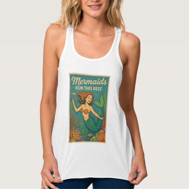 Mermaids Run This Reef Retro Coral Ocean Sea Life Tank Top (Front)