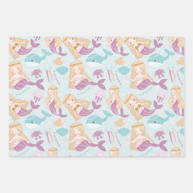 Mermaids Sea Baby Shower Girls Birthday Party Wrapping Paper Sheets (Front)
