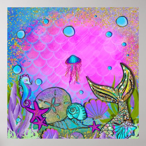 Mermaids  Sea Shells Pink Sparkly Birthday Party Poster