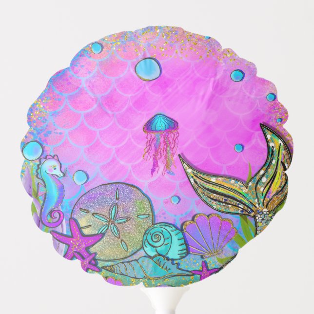 Mermaids & Sea Shells Pink Sparkly Party Balloon (Front)