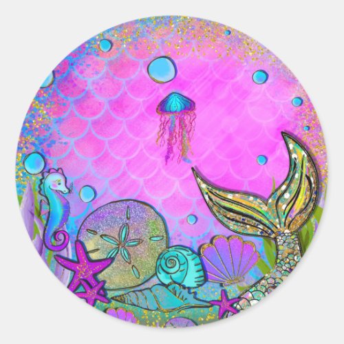 Mermaids  Sea Shells Pink Sparkly Party Classic Round Sticker