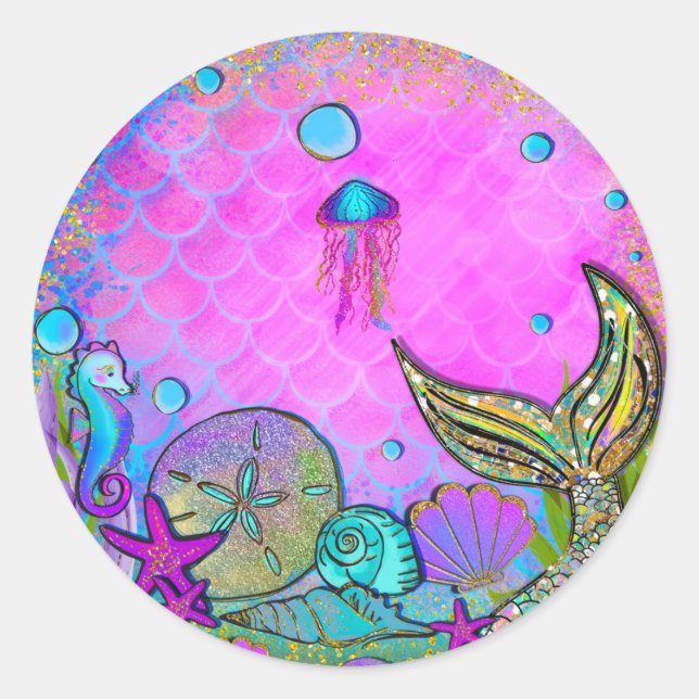 Mermaids & Sea Shells Pink Sparkly Party Classic Round Sticker (Front)