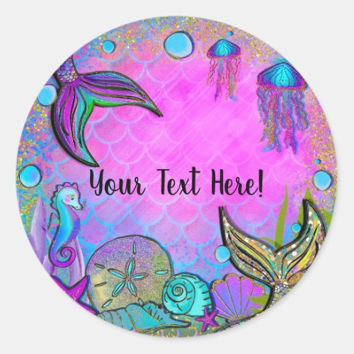 Mermaids  Sea Shells Pink Sparkly Party Classic Round Sticker