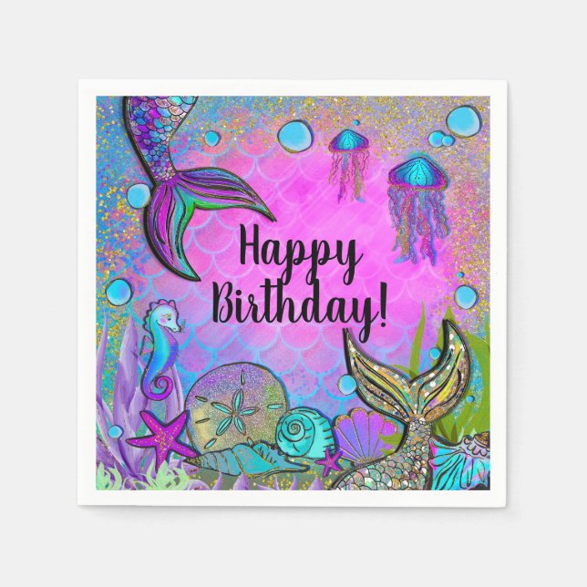 Mermaids & Sea Shells Pink Sparkly Party Napkins (Front)