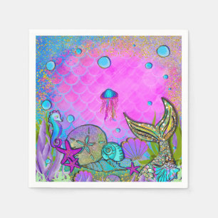 Mermaids & Sea Shells Pink Sparkly Party Napkins