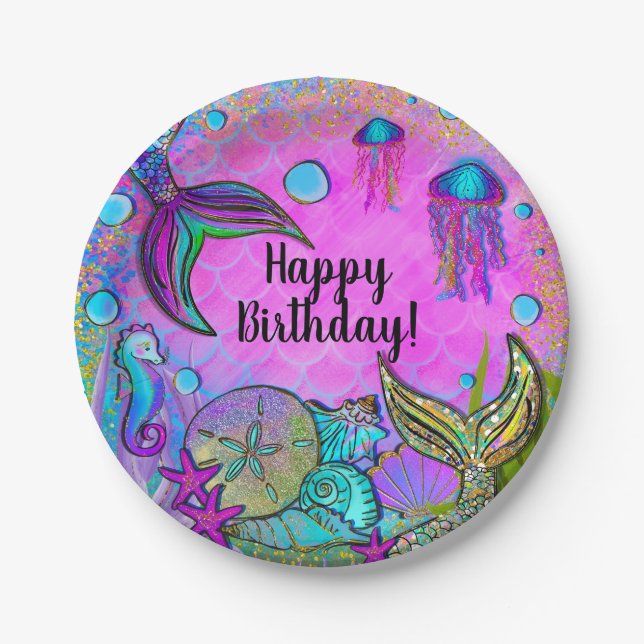 Mermaids & Sea Shells Pink Sparkly Party Paper Plates (Front)