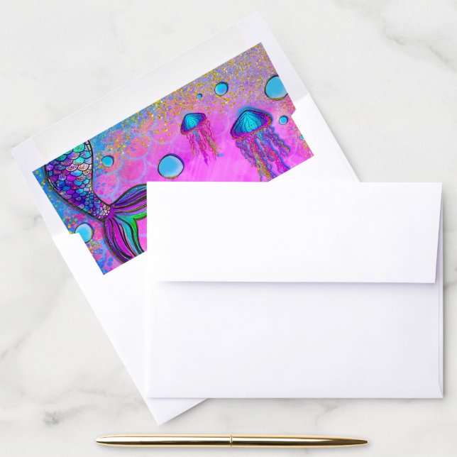 Mermaids & Sea Shells Under the Pink Sparkly Sea Envelope Liner (Desk)