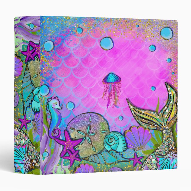 Mermaids & Sea Shells Under the Sea Pink Sparkle 3 Ring Binder (Front/Spine)
