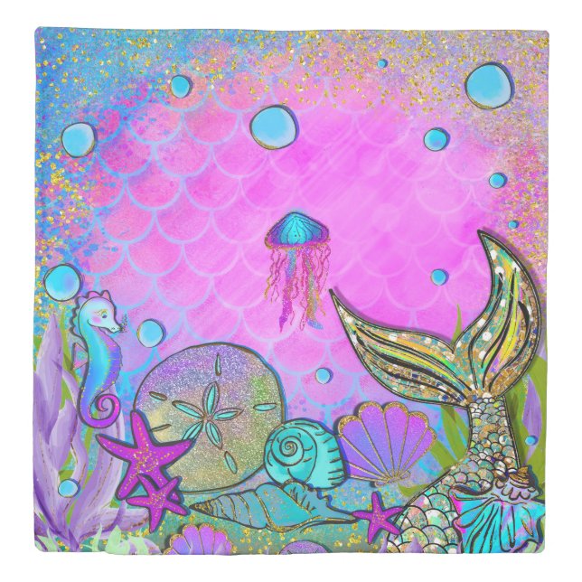 Mermaids & Sea Shells Under the Sea Pink Sparkle Duvet Cover (Front)