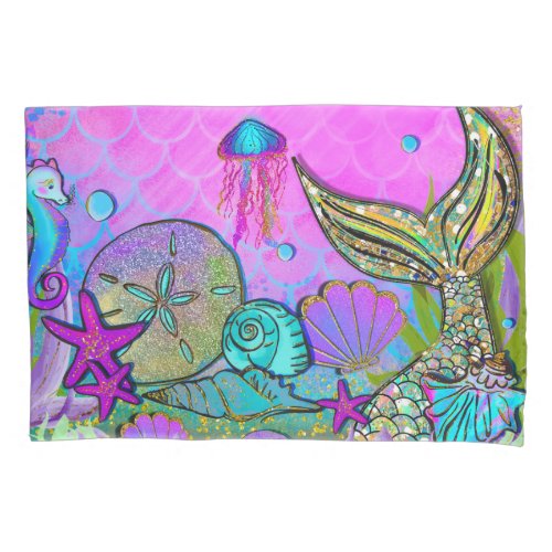 Mermaids  Sea Shells Under the Sea Pink Sparkle Pillow Case