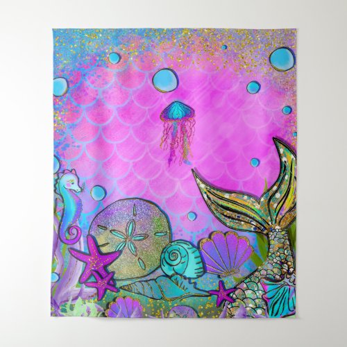 Mermaids  Sea Shells Under the Sea Pink Sparkle Tapestry