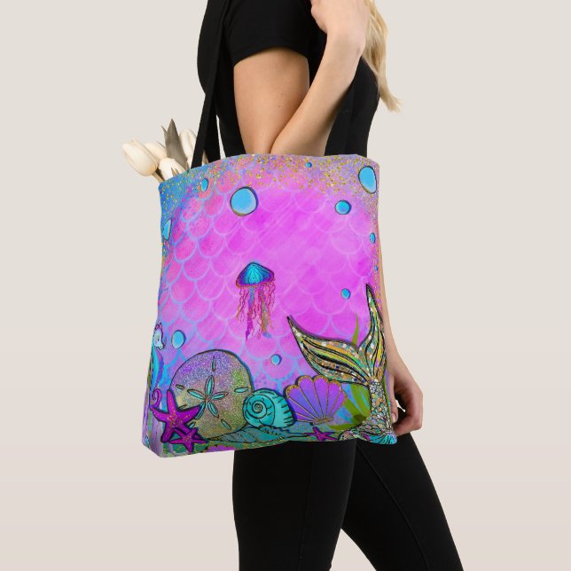 Mermaids & Sea Shells Under the Sea Pink Sparkle Tote Bag (Close Up)