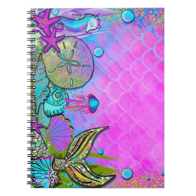 Mermaids & Sea Shells Under the Sea Sparkle Notebook (Front)