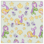Mermaids &amp; Shells Purple Green Yellow Fabric