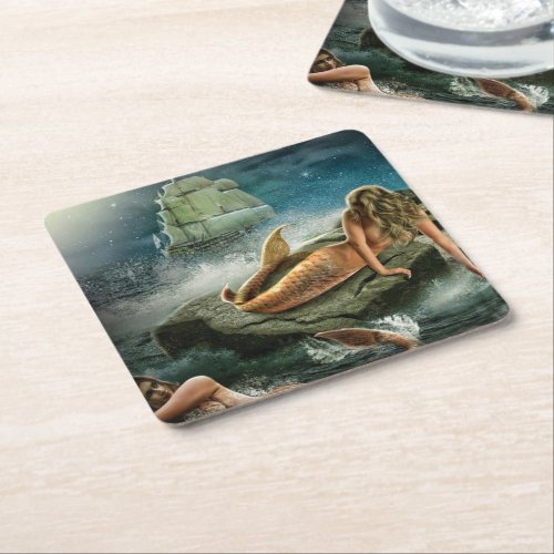 mermaids  ship square paper coaster
